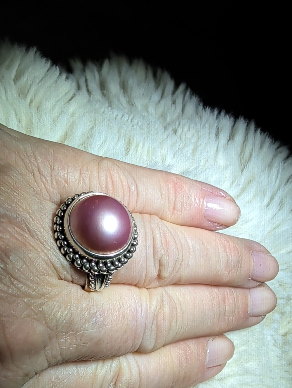 Lavender Pearl Dome Ring in Sterling Beaded Setting